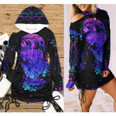 Wolf Flower All Over Print Women One Shoulder Dress With Waist Shirring, Long Hoodie For Women - Wonder Skull