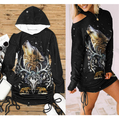 Wolf Skull All Over Print Women One Shoulder Dress With Waist Shirring, Long Hoodie For Women - Wonder Skull