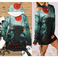 Wolfloween All Over Print Women One Shoulder Dress With Waist Shirring, Long Hoodie For Women - Wonder Skull