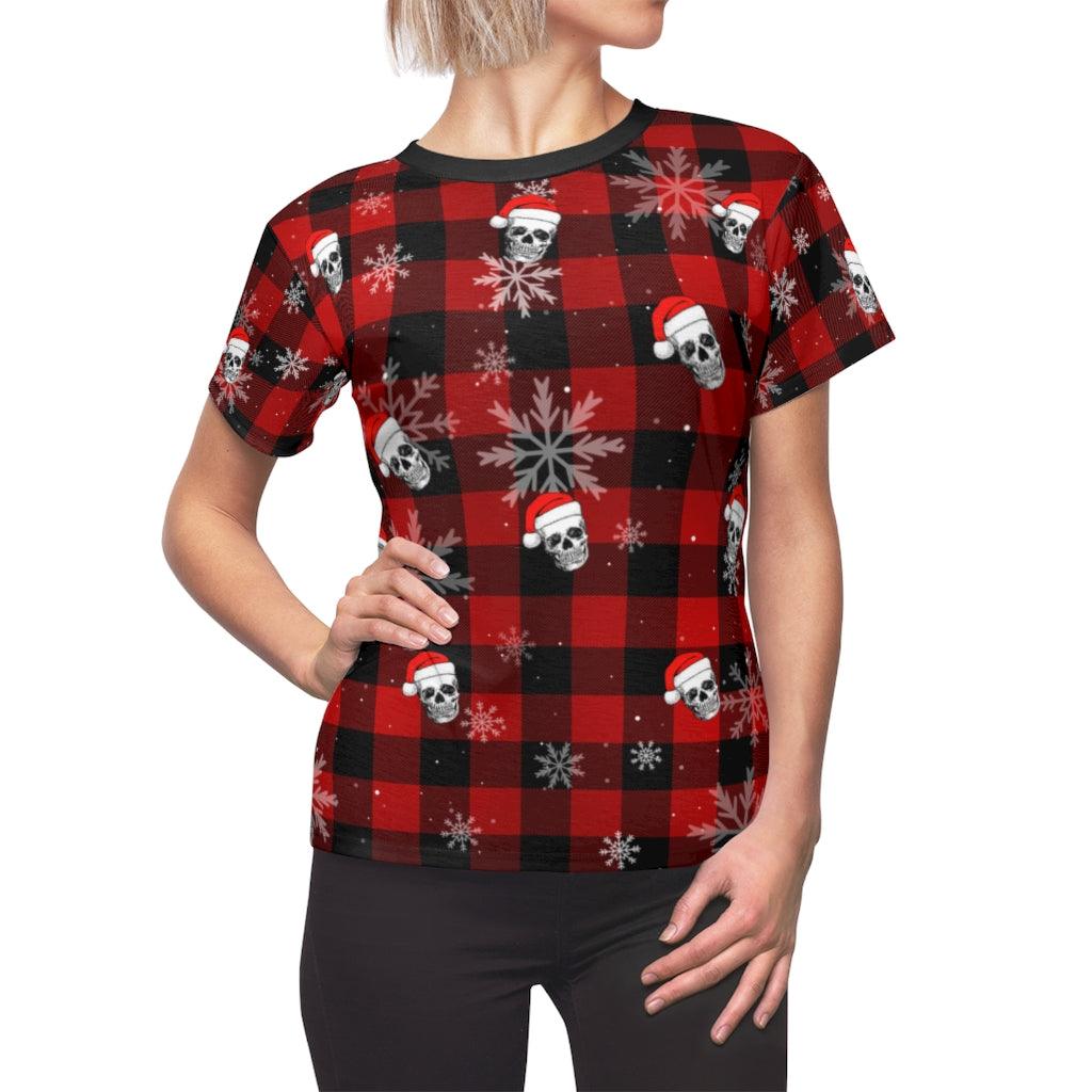 Snowflake And Skull Red Flannel All Over Print T-shirt For Women - Wonder Skull