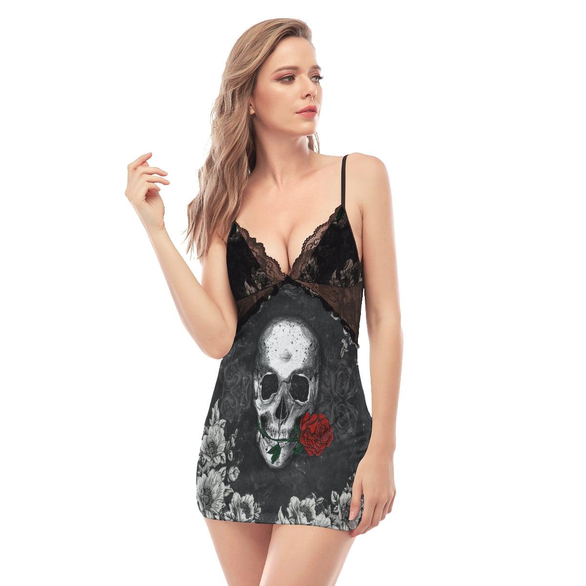 Skull Biting Rose Lace Chemise Nightgown - Wonder Skull