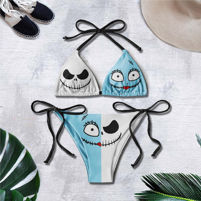 Aqua Marine And White Gothic String Triangle Bikini - Wonder Skull