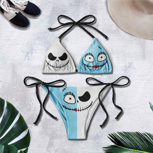 Aqua Marine And White Gothic String Triangle Bikini - Wonder Skull