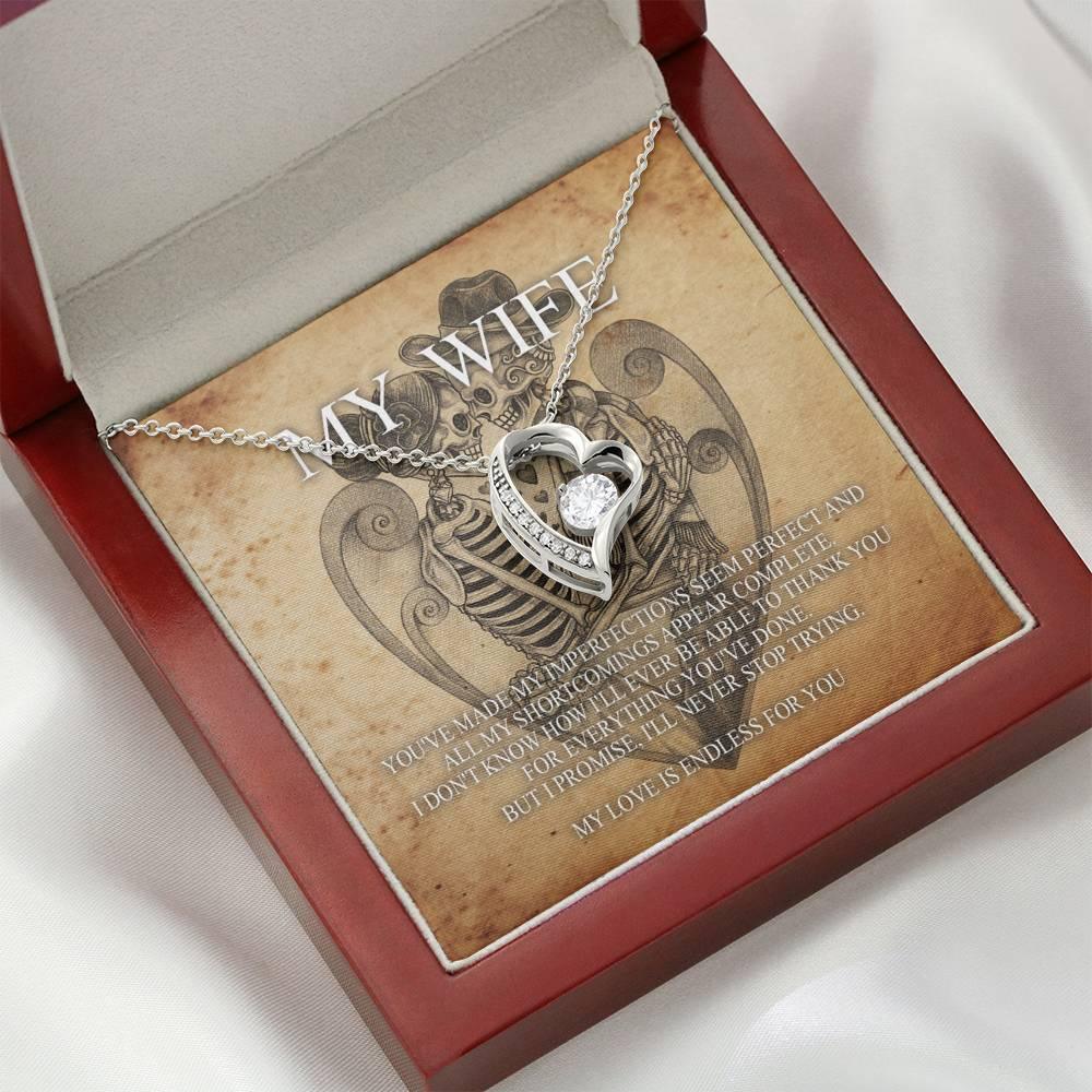 To My Wife Forever Love Necklace with Mahogany Style Wooden Box - Wonder Skull