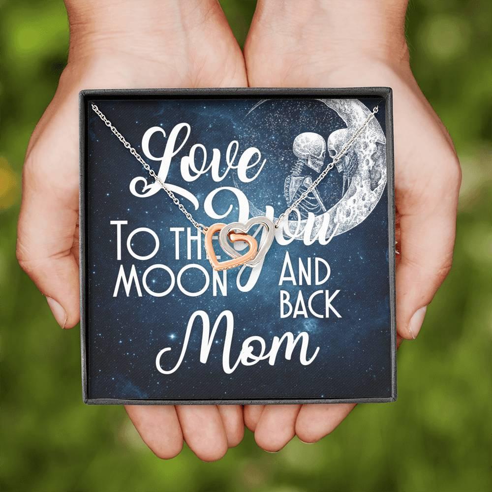 Love You To The Moon And Back Mom Interlocking Hearts with Mahogany Style Luxury Box & POD Message Card - Wonder Skull