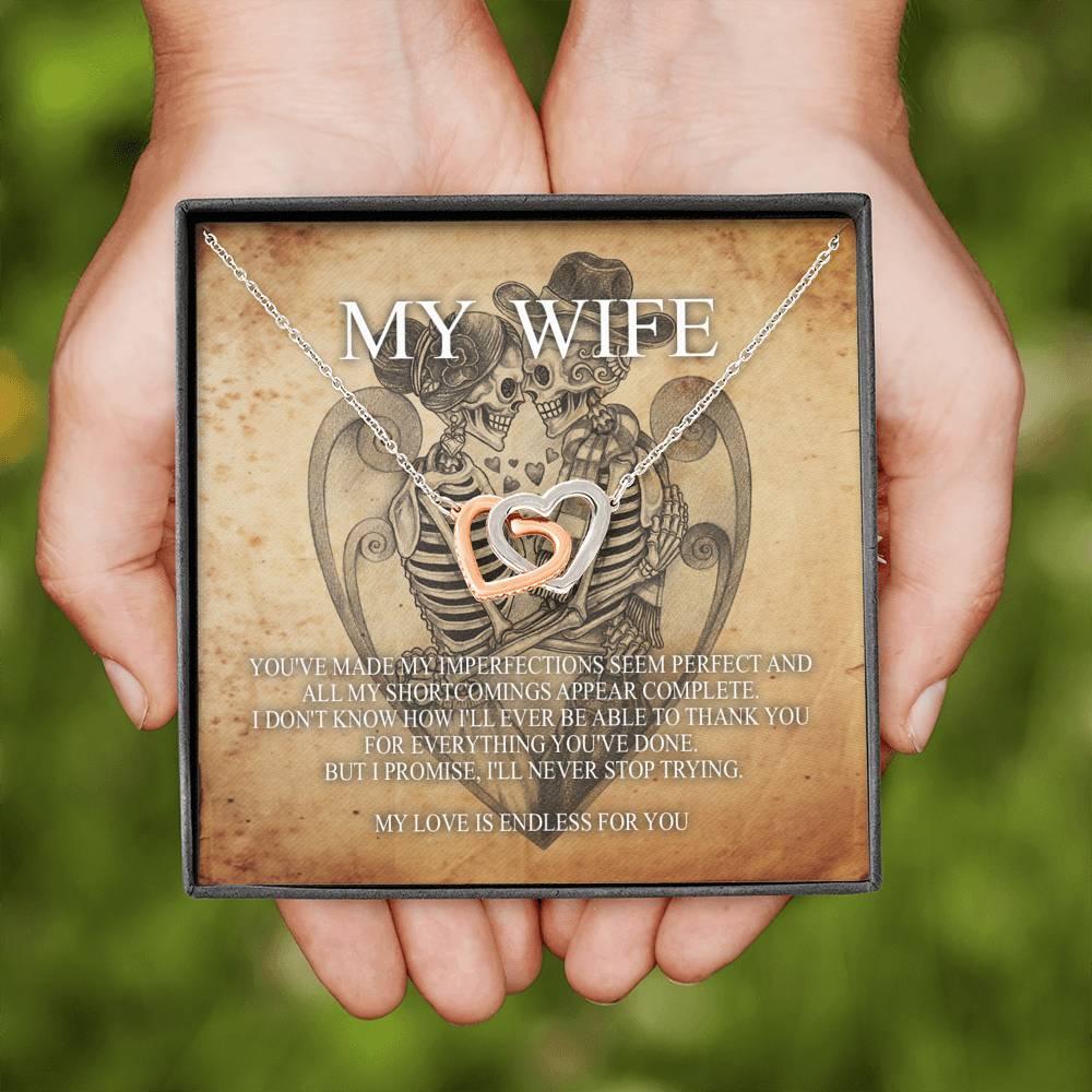 To My Wife Interlocking Hearts with Mahogany Style Luxury Box & POD Message Card - Wonder Skull
