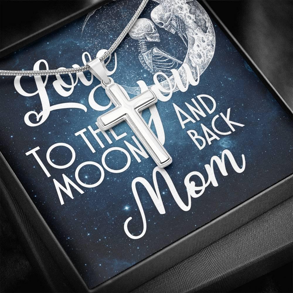 Love You To The Moon And Back Mom Artisan Crafted Cross with Mahogany Style Luxury Box & POD Message Card - Wonder Skull