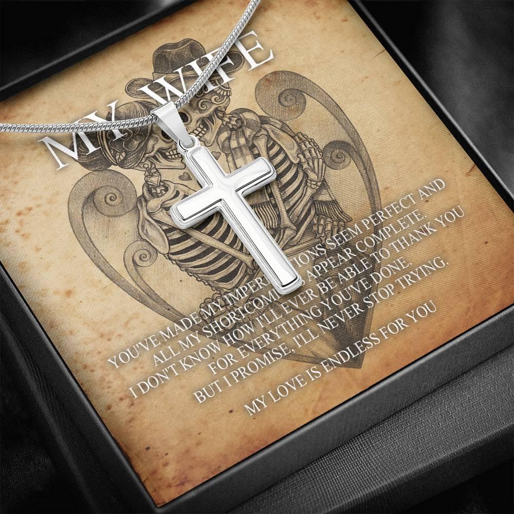 To My Wife Artisan Crafted Cross with Mahogany Style Luxury Box & POD Message Card - Wonder Skull