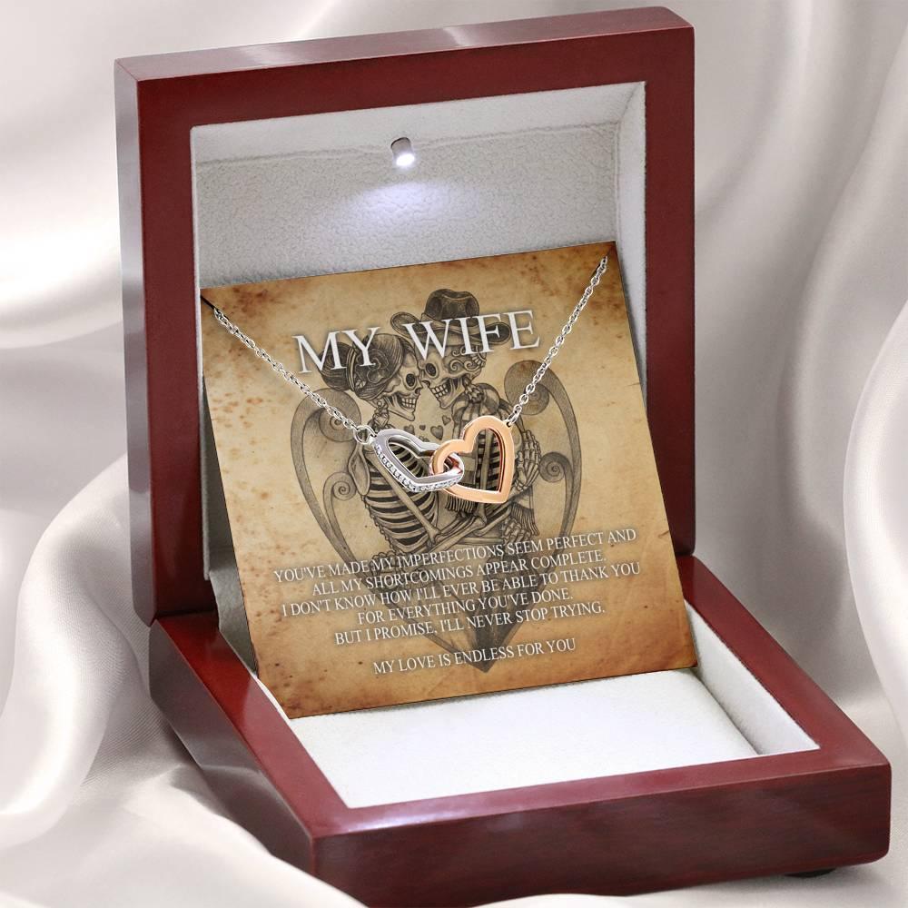 To My Wife Interlocking Hearts with Mahogany Style Luxury Box & POD Message Card - Wonder Skull