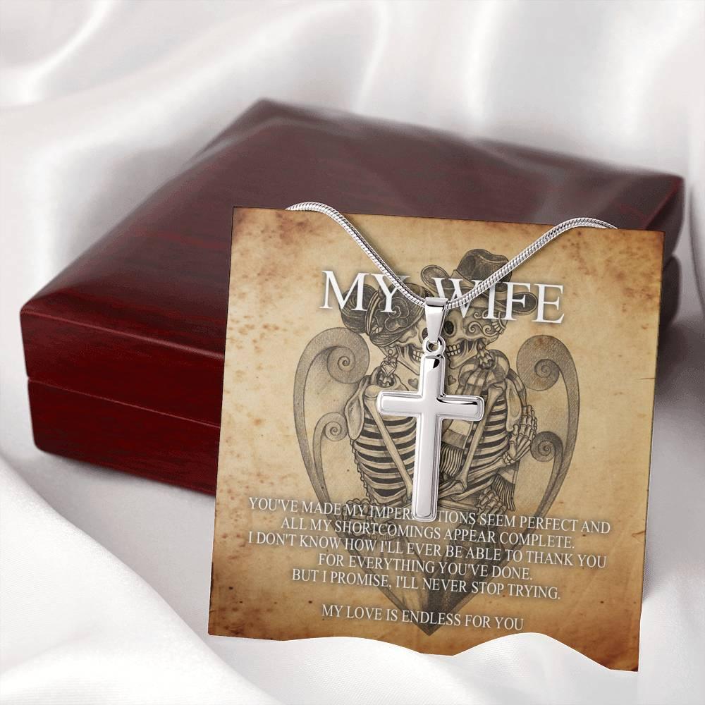 To My Wife Artisan Crafted Cross with Mahogany Style Luxury Box & POD Message Card - Wonder Skull