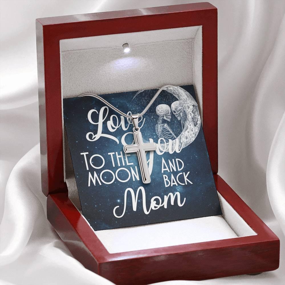 Love You To The Moon And Back Mom Artisan Crafted Cross with Mahogany Style Luxury Box & POD Message Card - Wonder Skull
