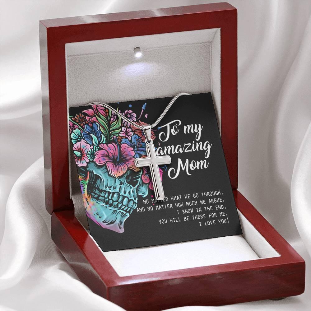 To My Amazing Mom 2 Artisan Crafted Cross with Mahogany Style Luxury Box & POD Message Card - Wonder Skull