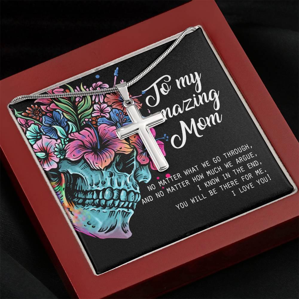 To My Amazing Mom 2 Artisan Crafted Cross with Mahogany Style Luxury Box & POD Message Card - Wonder Skull