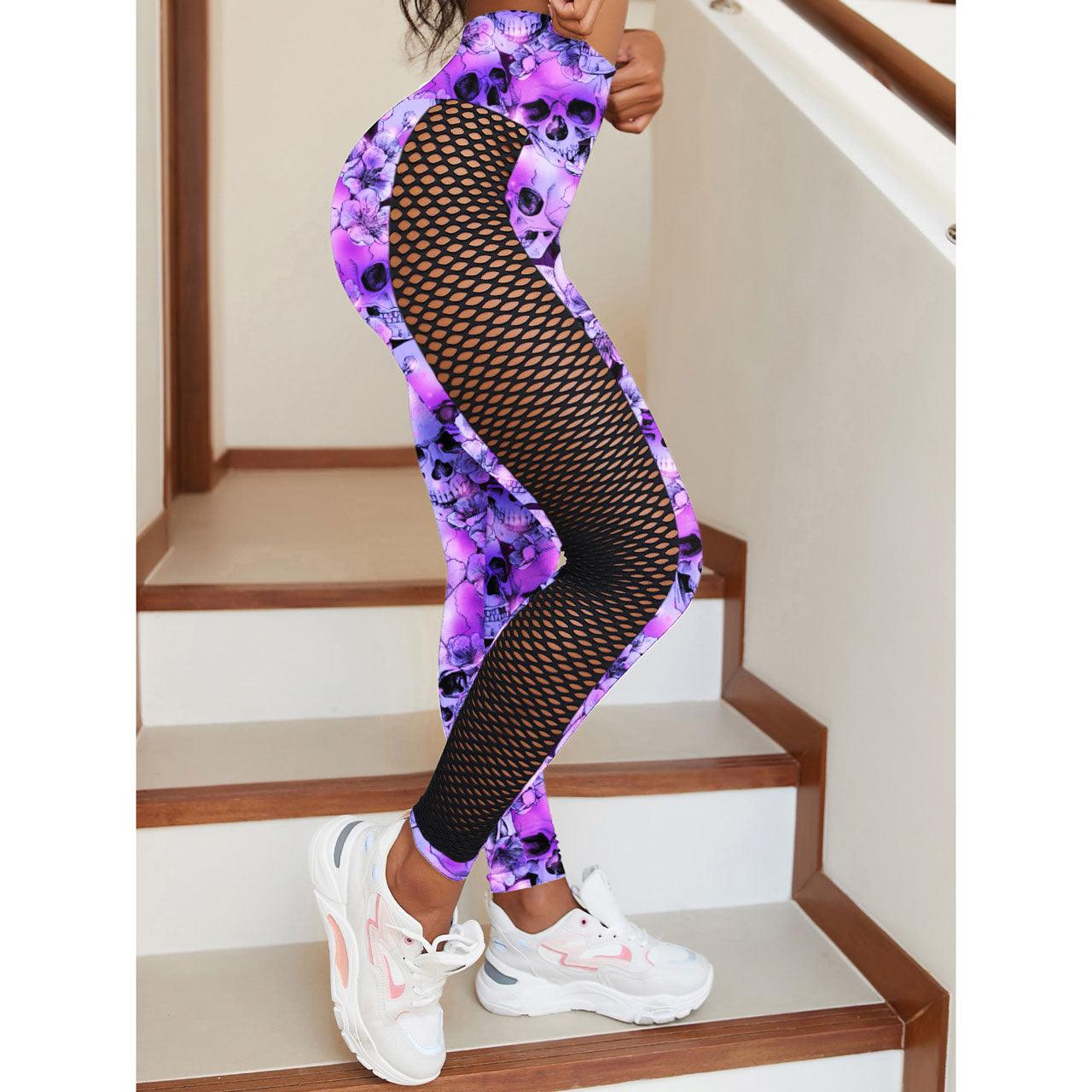 Purple Floral Skull Fishnet Insert Leggings - Wonder Skull