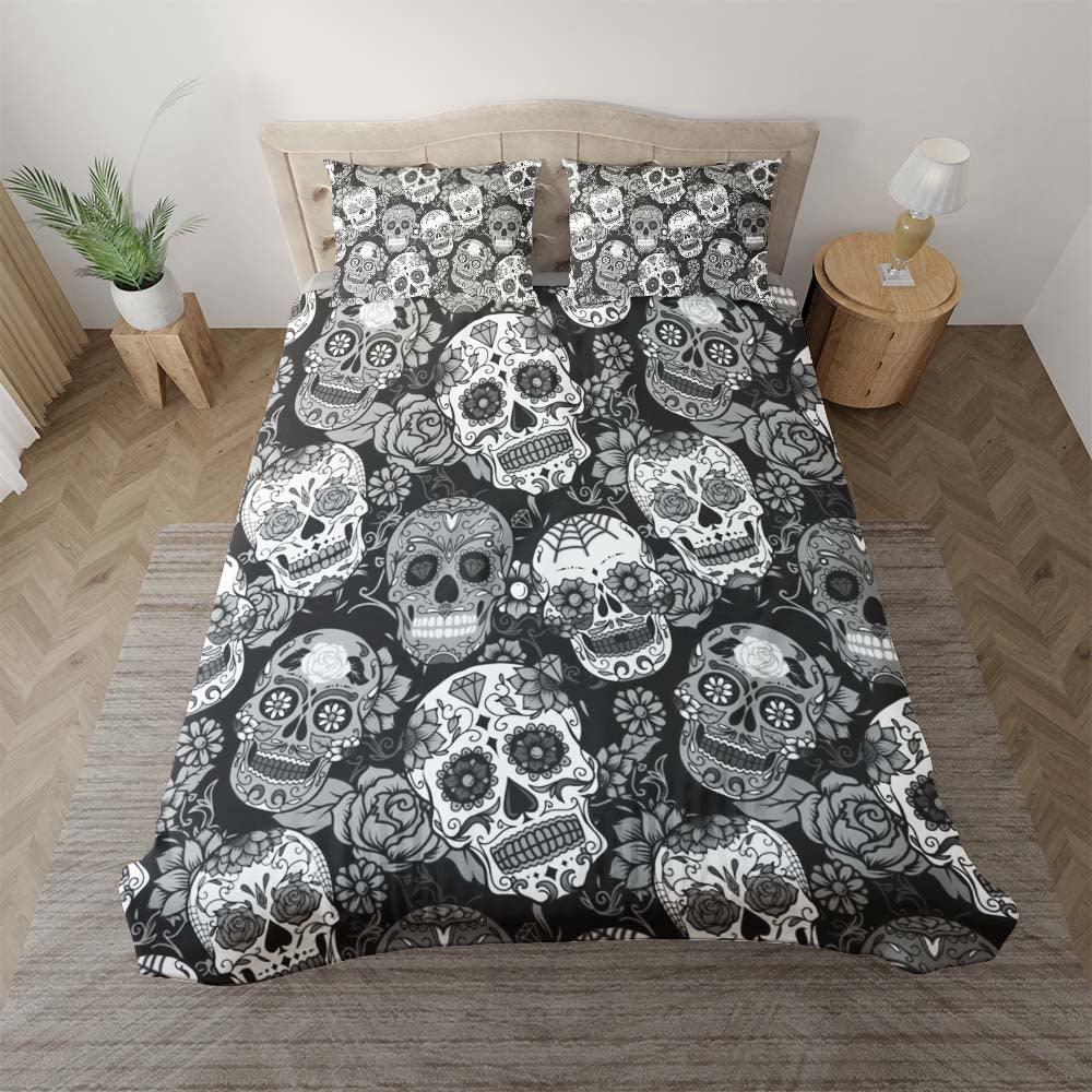 Black And White Sugar Skull Pattern Duvet Cover Set - Wonder Skull