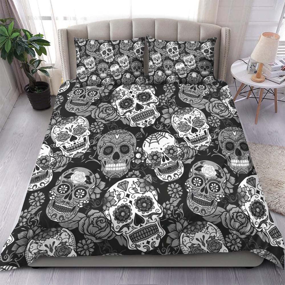 Black And White Sugar Skull Pattern Duvet Cover Set - Wonder Skull