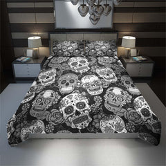 Black And White Sugar Skull Pattern Duvet Cover Set - Wonder Skull