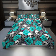 Bright Cyan Skull Rose Pattern Duvet Cover Set - Wonder Skull