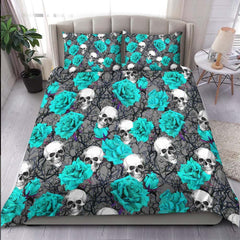 Bright Cyan Skull Rose Pattern Duvet Cover Set - Wonder Skull