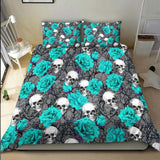 Bright Cyan Skull Rose Pattern Duvet Cover Set - Wonder Skull
