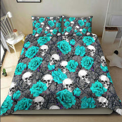 Bright Cyan Skull Rose Pattern Duvet Cover Set - Wonder Skull