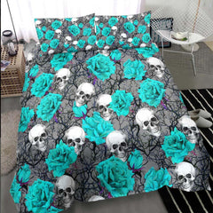 Bright Cyan Skull Rose Pattern Duvet Cover Set - Wonder Skull