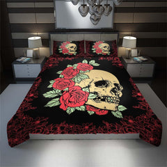 Bright Red Rose Skull Duvet Cover Set - Wonder Skull