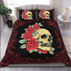 Bright Red Rose Skull Duvet Cover Set - Wonder Skull