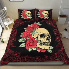 Bright Red Rose Skull Duvet Cover Set - Wonder Skull