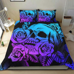 Bright Violet Gradient Skull Rose Duvet Cover Set - Wonder Skull