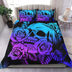 Bright Violet Gradient Skull Rose Duvet Cover Set - Wonder Skull