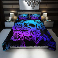 Bright Violet Gradient Skull Rose Duvet Cover Set - Wonder Skull