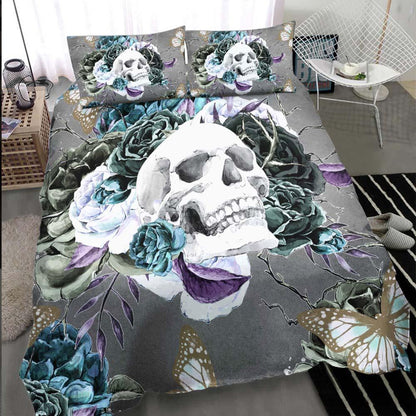 Butterfly Skull Rose Gray Duvet Cover Set - Wonder Skull