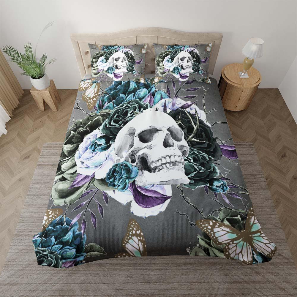 Butterfly Skull Rose Gray Duvet Cover Set - Wonder Skull