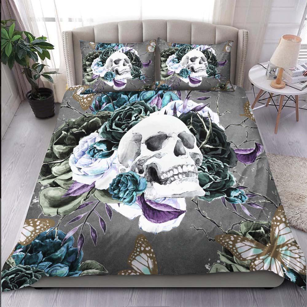 Butterfly Skull Rose Gray Duvet Cover Set - Wonder Skull