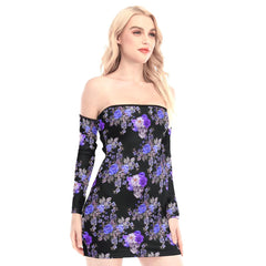 Purple Skull Floral Off-shoulder Back Lace-up Dress - Wonder Skull