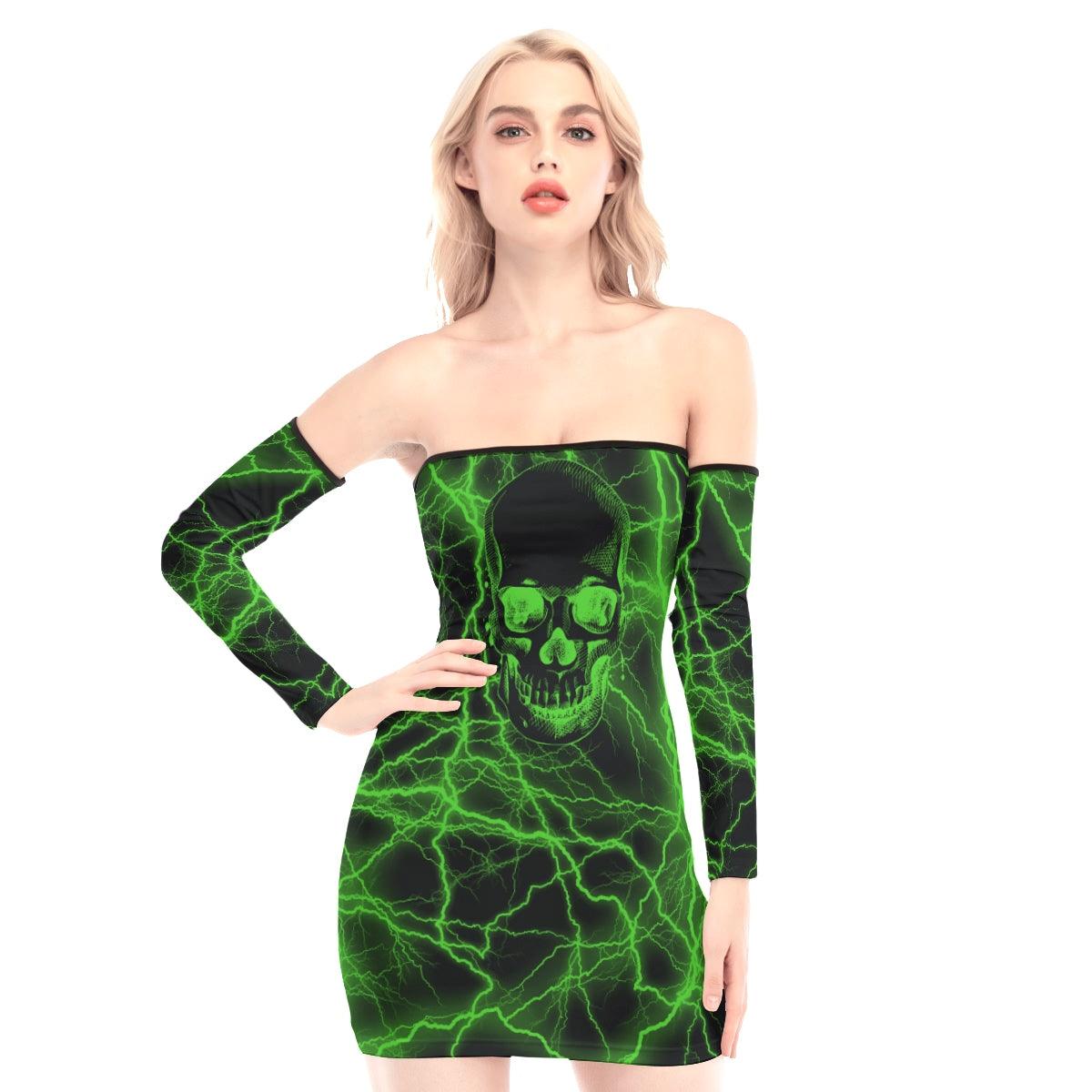Green Thunder Skull Off-shoulder Back Lace-up Dress - Wonder Skull