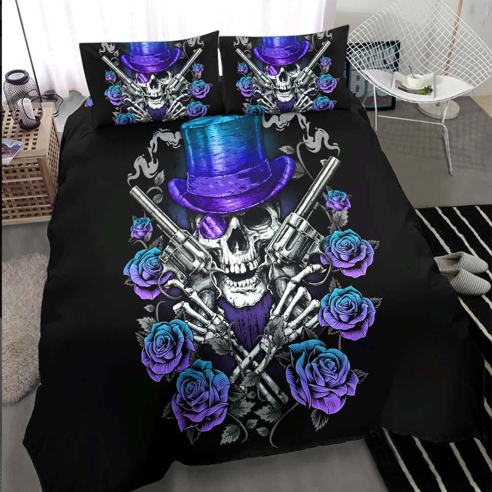 Cool Skull Cowboy Violet Cyan Gradient Duvet Cover Set - Wonder Skull