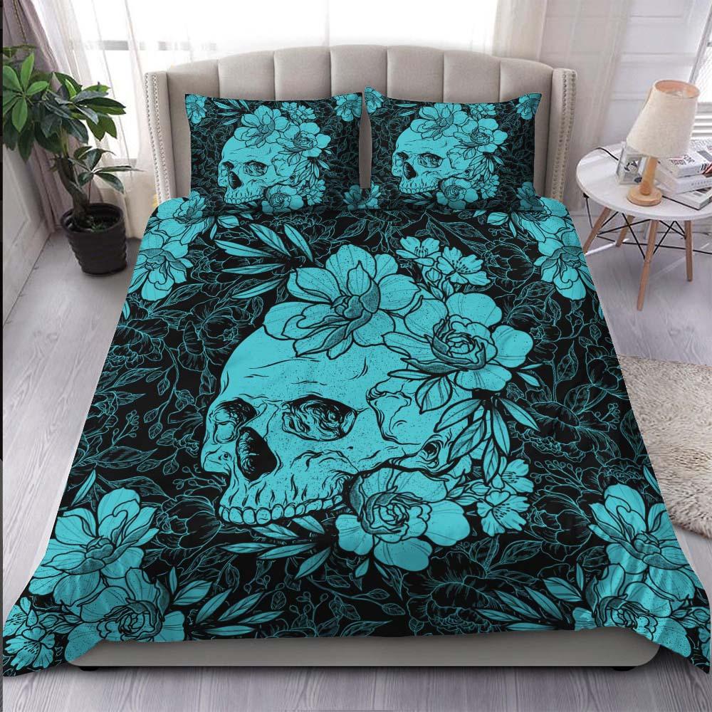 Cyan Skull Floral Duvet Cover Set - Wonder Skull