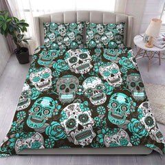 Cyan Sugar Skull Pattern Duvet Cover Set - Wonder Skull