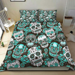 Cyan Sugar Skull Pattern Duvet Cover Set - Wonder Skull