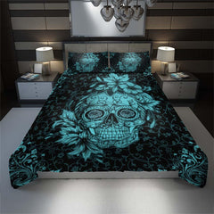 Cyan Sugar Skull With Floral Ornament Duvet Cover Set - Wonder Skull