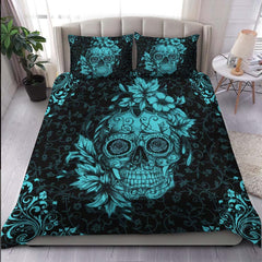 Cyan Sugar Skull With Floral Ornament Duvet Cover Set - Wonder Skull