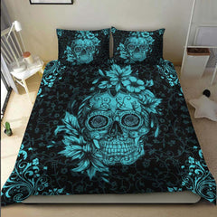 Cyan Sugar Skull With Floral Ornament Duvet Cover Set - Wonder Skull