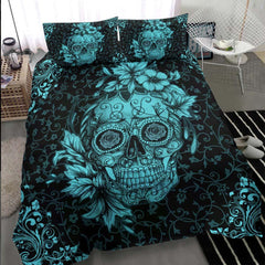 Cyan Sugar Skull With Floral Ornament Duvet Cover Set - Wonder Skull