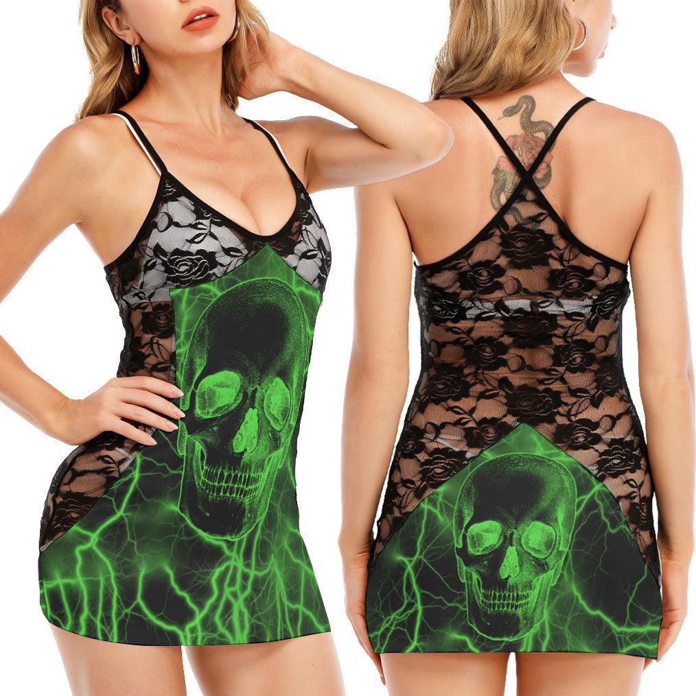 Green Thunder Skull Gothic All-Over Print Women Black Lace Cami Dress, Sexy Sleevless Sleepwear For Women - Wonder Skull