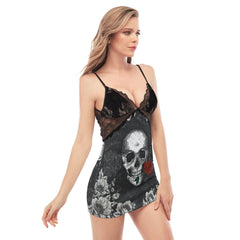 Skull Biting Rose Lace Chemise Nightgown - Wonder Skull