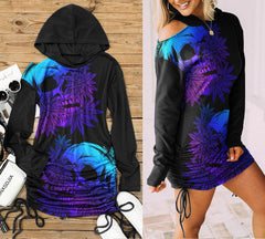 Cannabis Skull Ruched Shoulder Cut Out Hoodie Dress - Wonder Skull