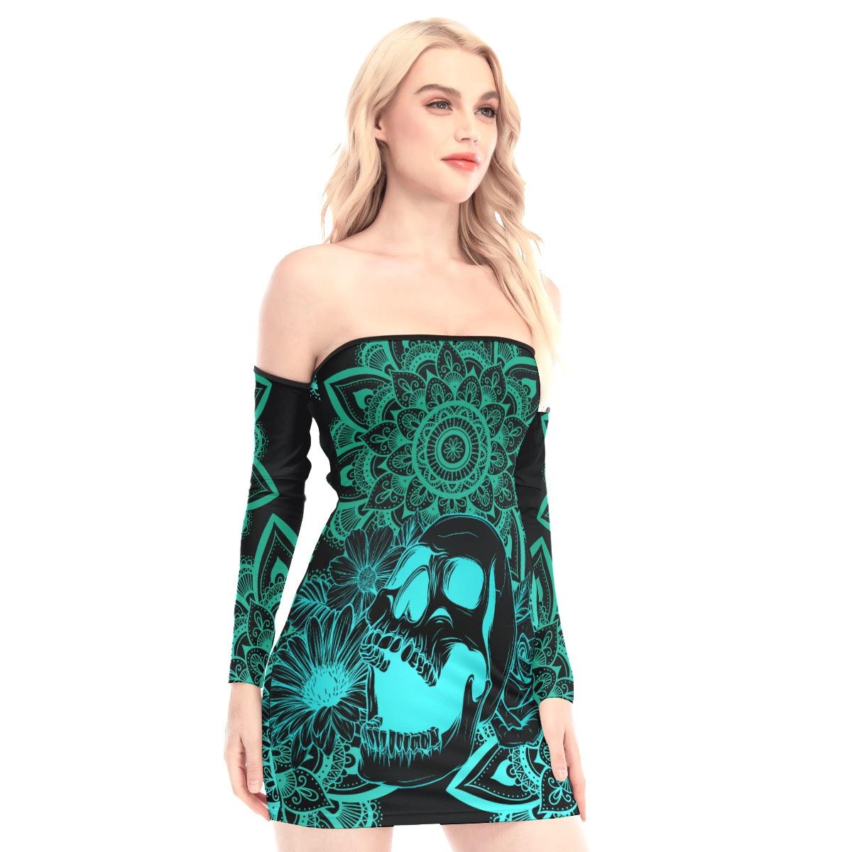 Cyan Mandala Skull Off-shoulder Back Lace-up Dress - Wonder Skull