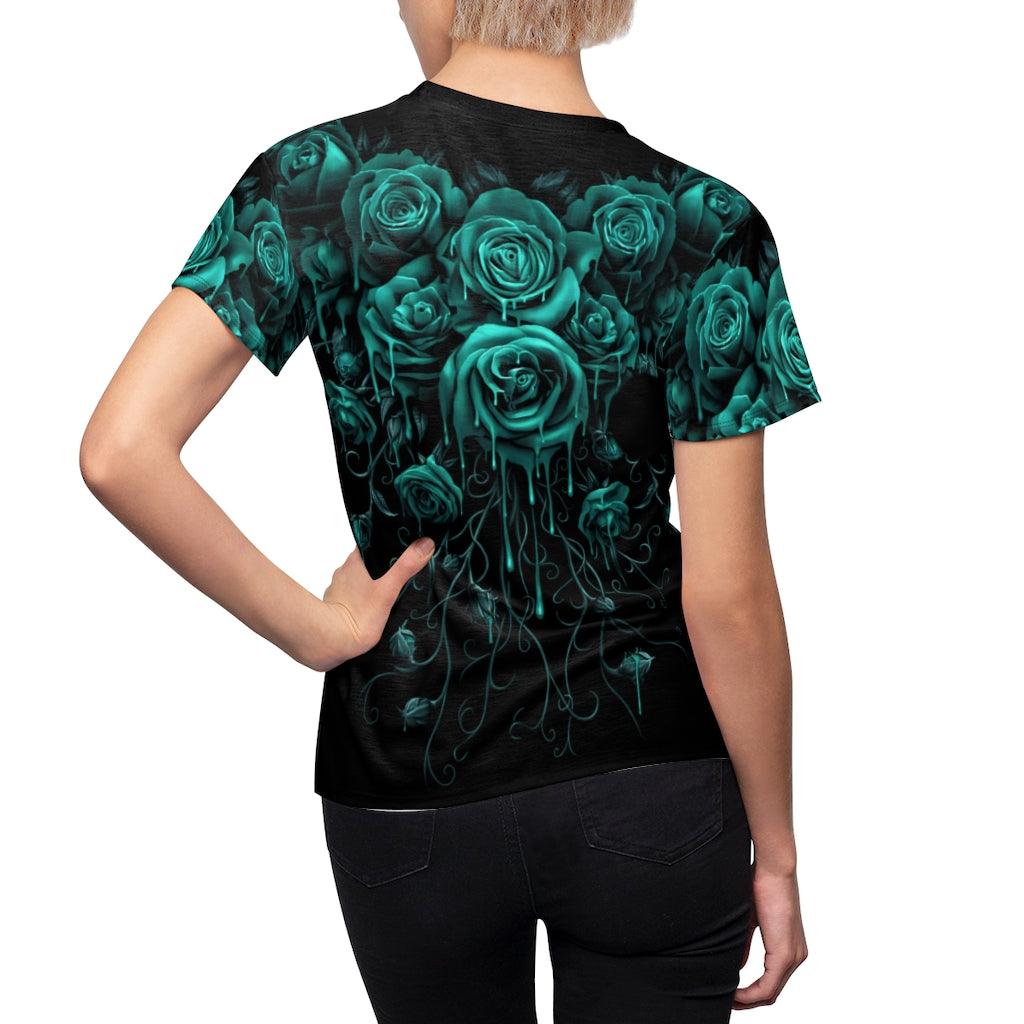 Cyan Skull And Rose Melting All Over Print T-shirt For Women - Wonder Skull